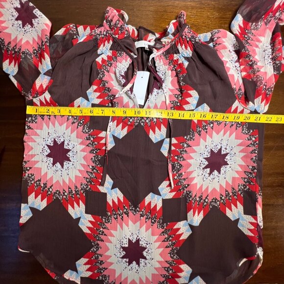 NWT Western Aztec Brown Country Rustic High Neck Top Ruffle Flowy Loose Medium - Picture 8 of 10